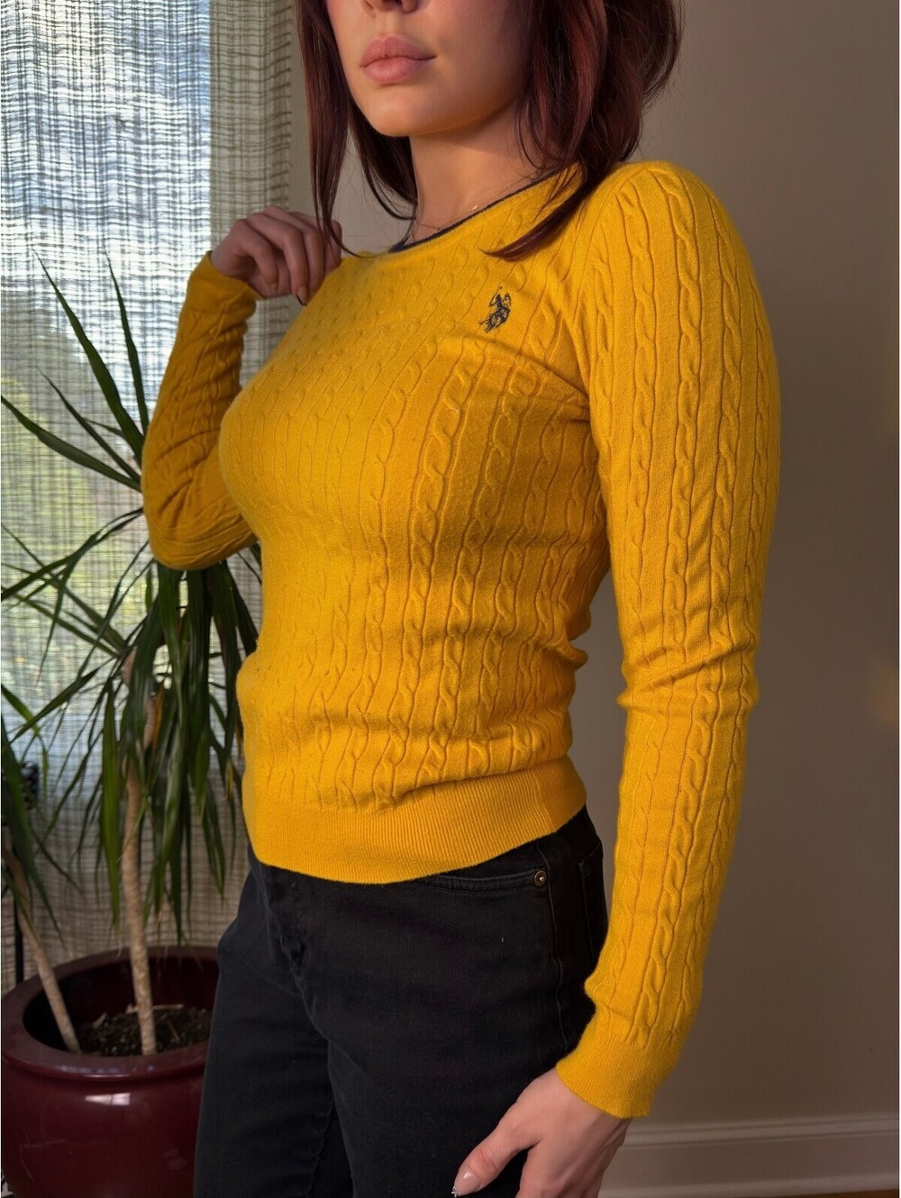 U.S. Polo Assn. Mustard Yellow Cable Knit Crewneck Sweater S